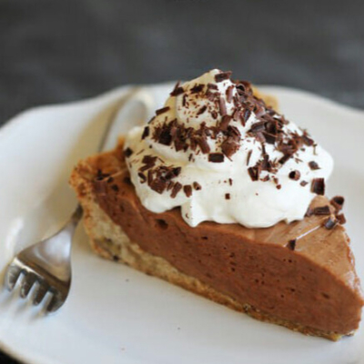 french silk pie on a white plate
