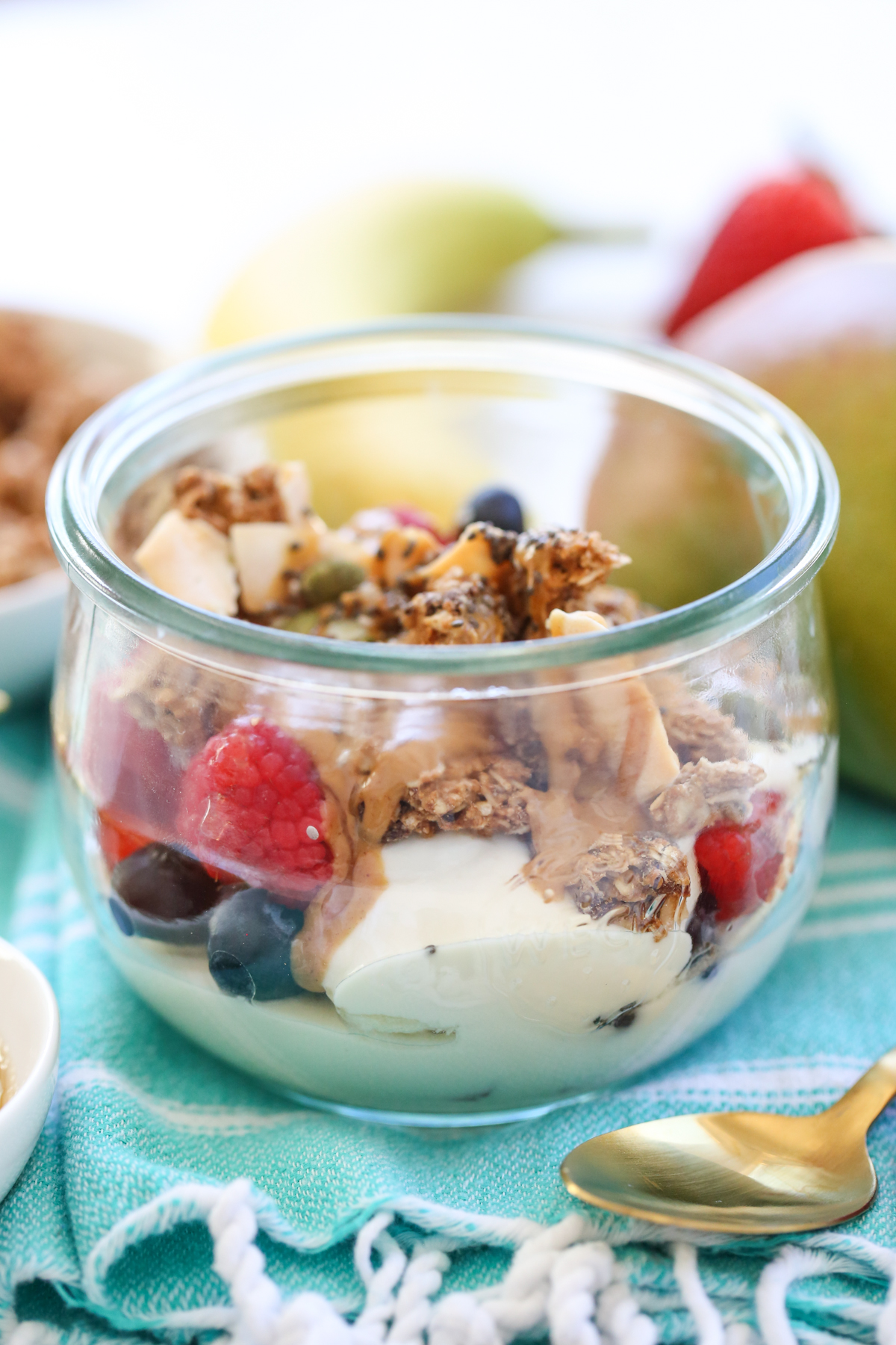 yogurt and fruit in a glass jar