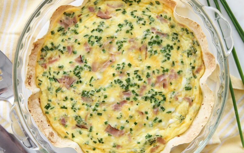 tortilla egg bake on a yellow towel