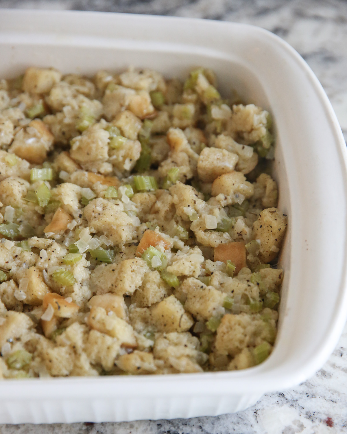 unbaked stuffing in pan