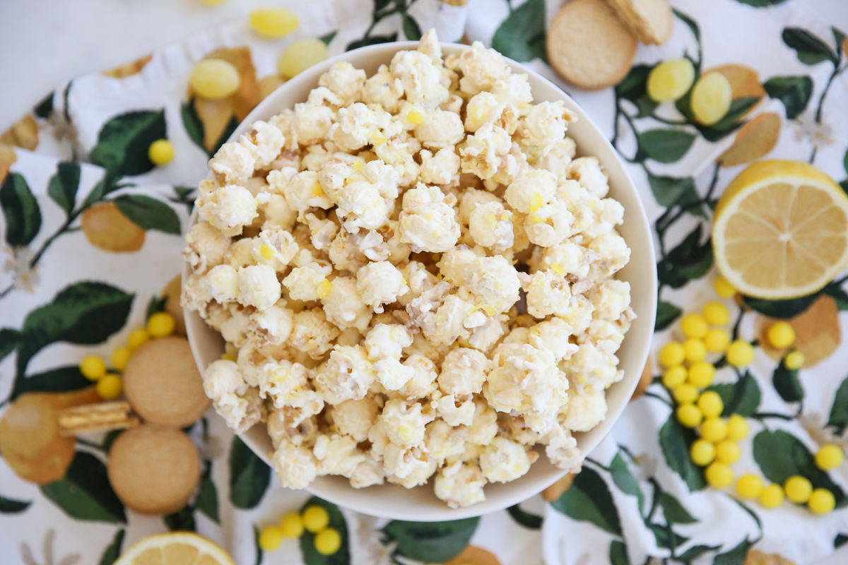 Lemon popcorn in a white bowl
