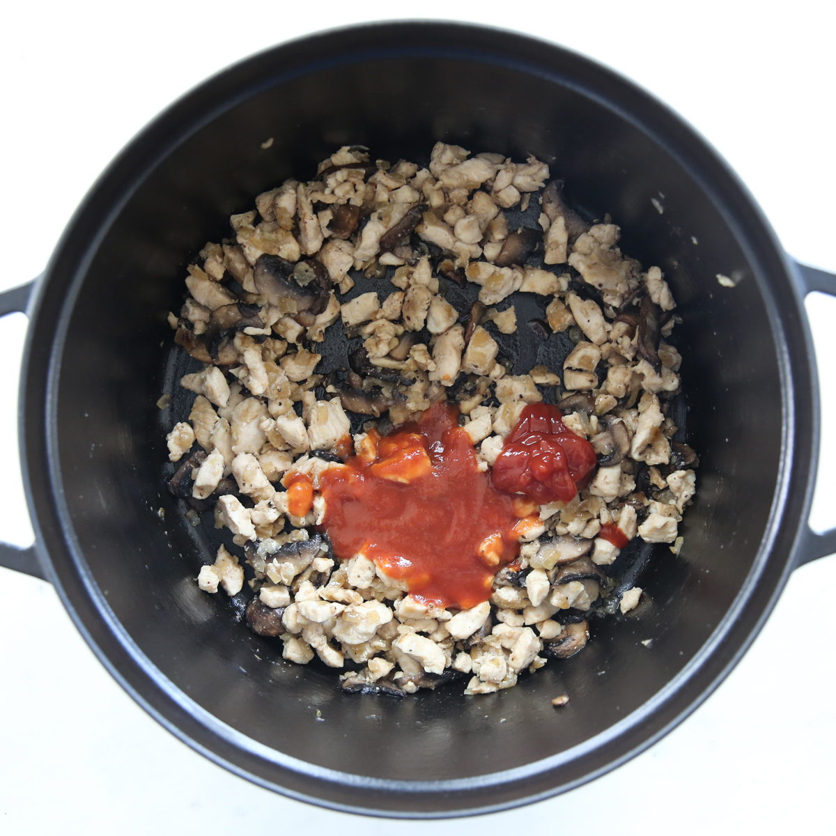 cooked chicken and onions with tomato sauce