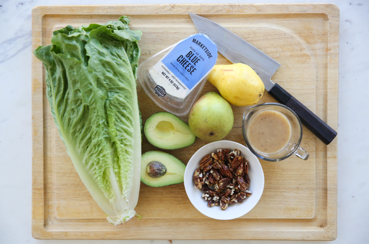 ingredients for Pear and Blue Cheese Salad on a cutting board