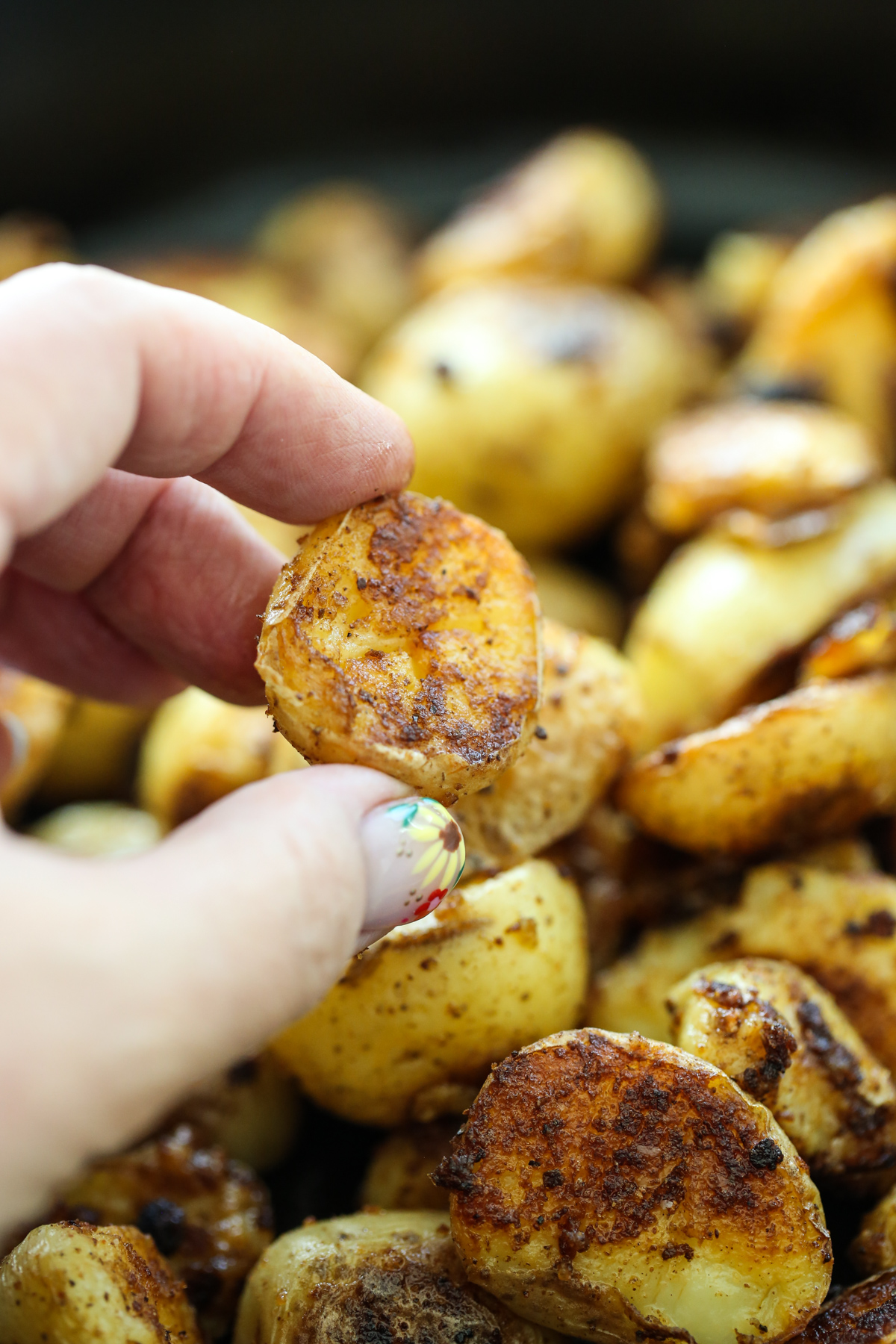 Close up showing the texture of a crispy smoky skillet potato.