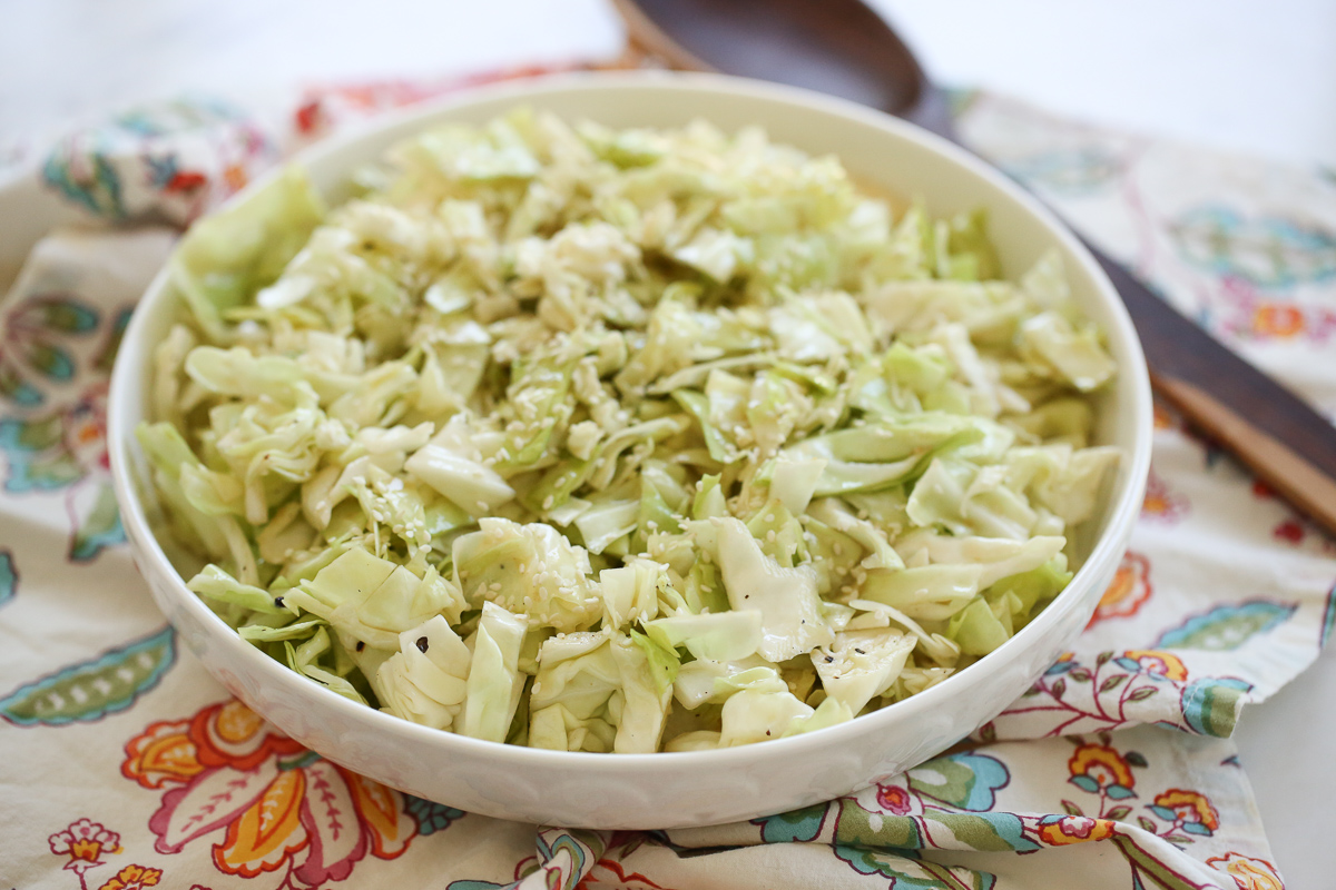 Soy Sesame Cabbage Slaw in a white bowl