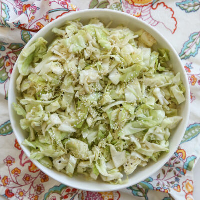 Soy Sesame Cabbage Slaw in a white bowl