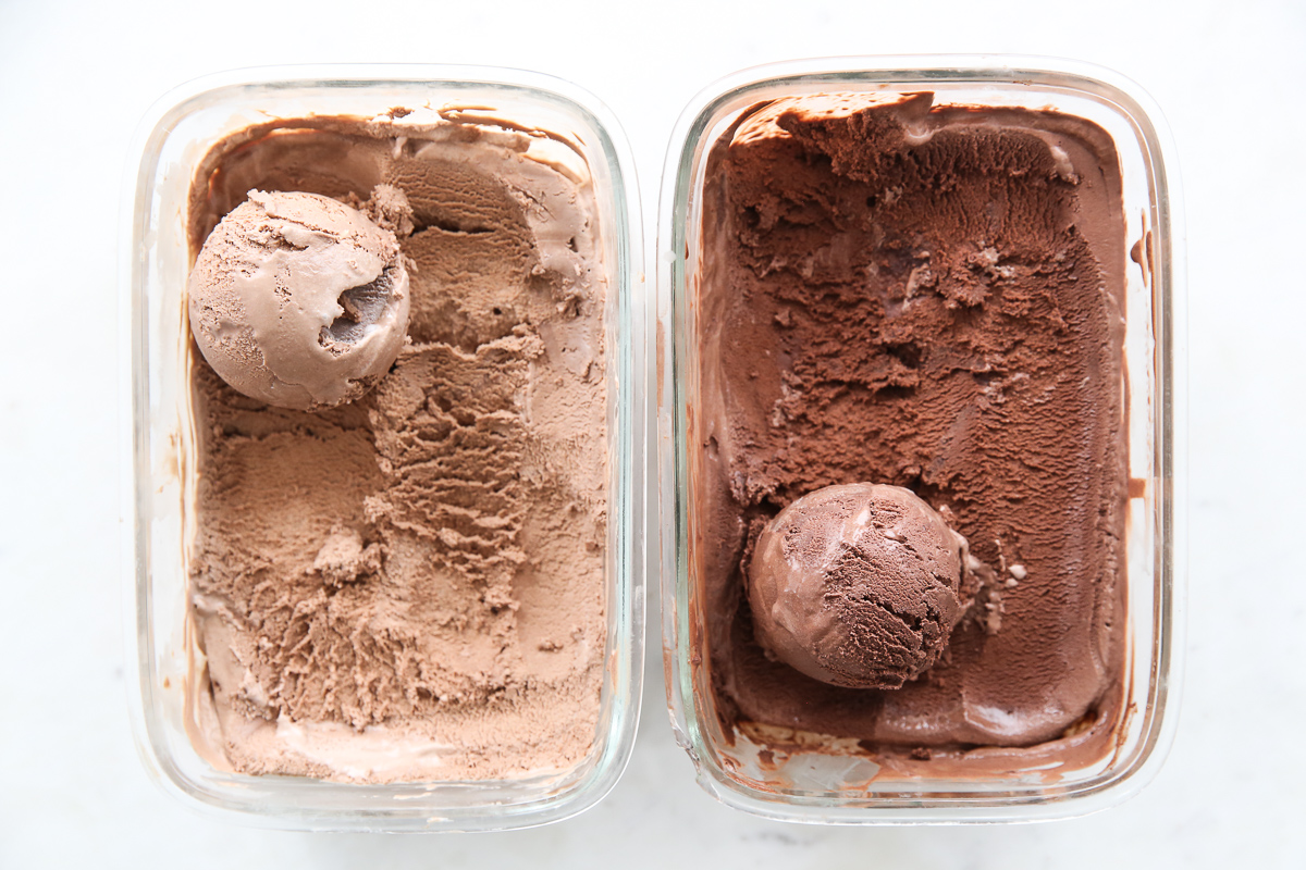 dark chocolate and milk chocolate ice cream side by side