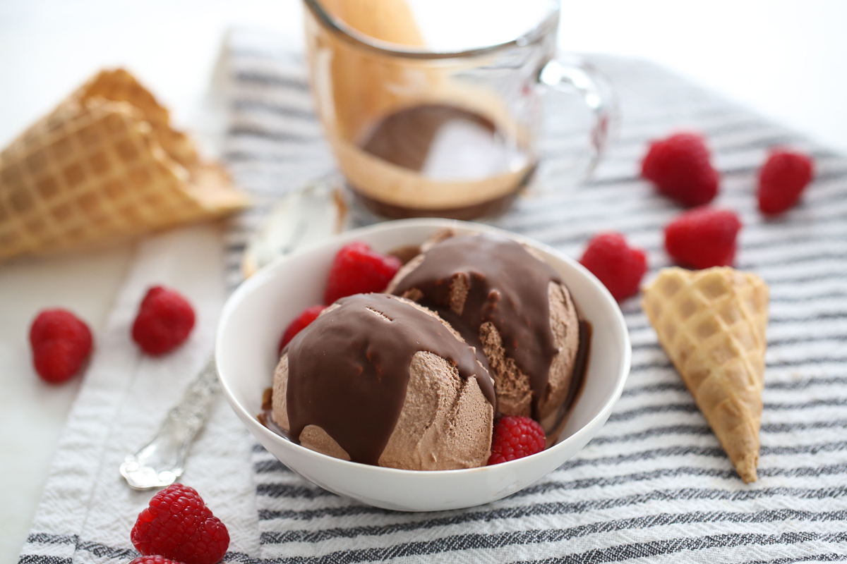 chocolate ice cream with chocolate sauce and berries