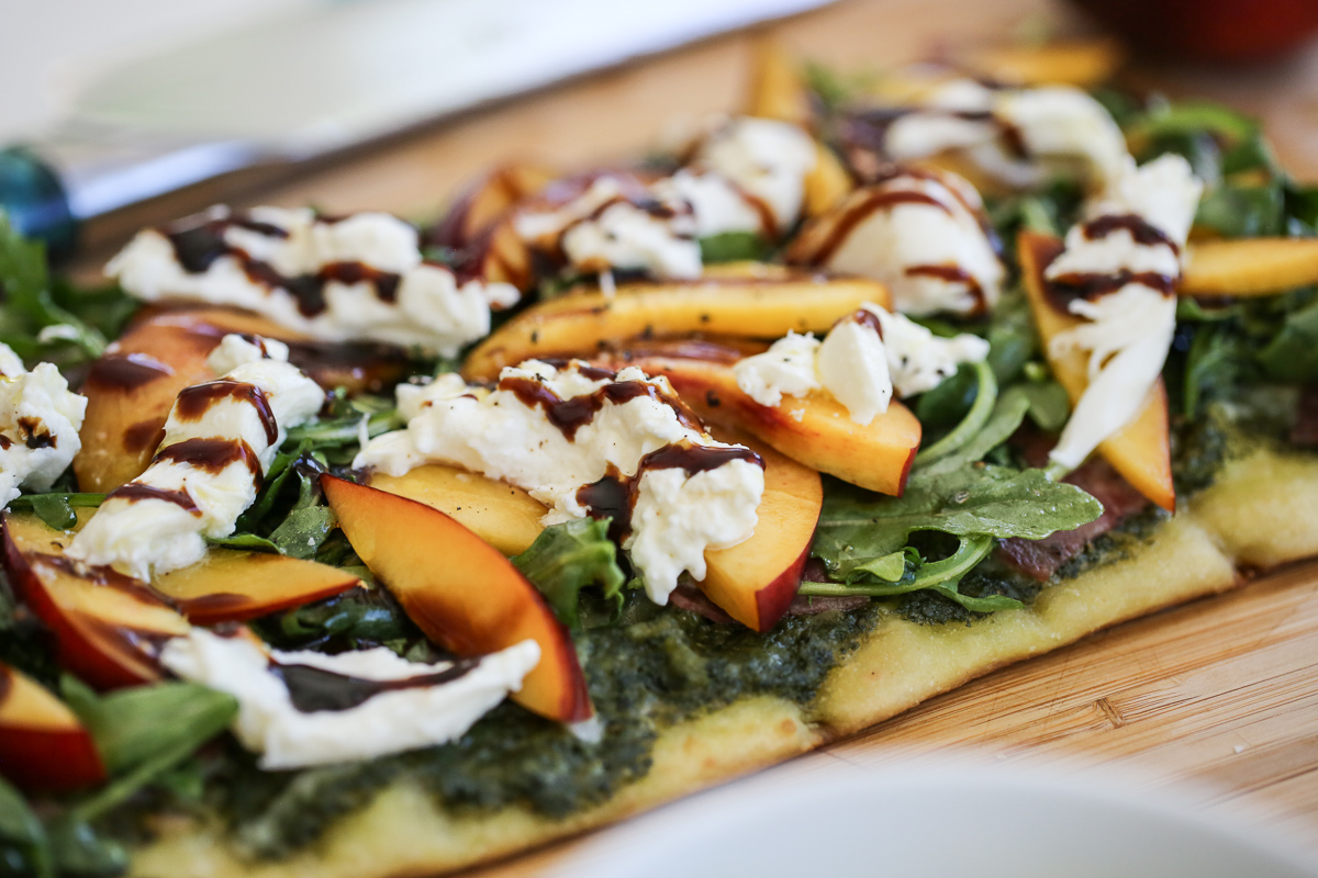 Peach Burrata Flatbread with balsamic