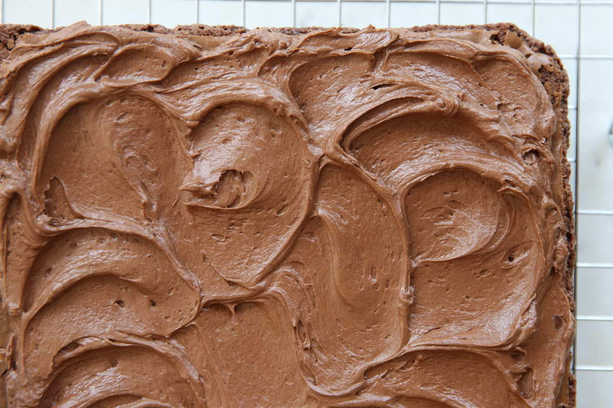 frosted pan of chocolate brownies