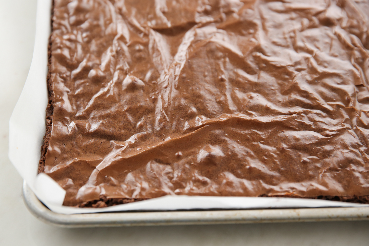 crackly top brownies in a sheet pan
