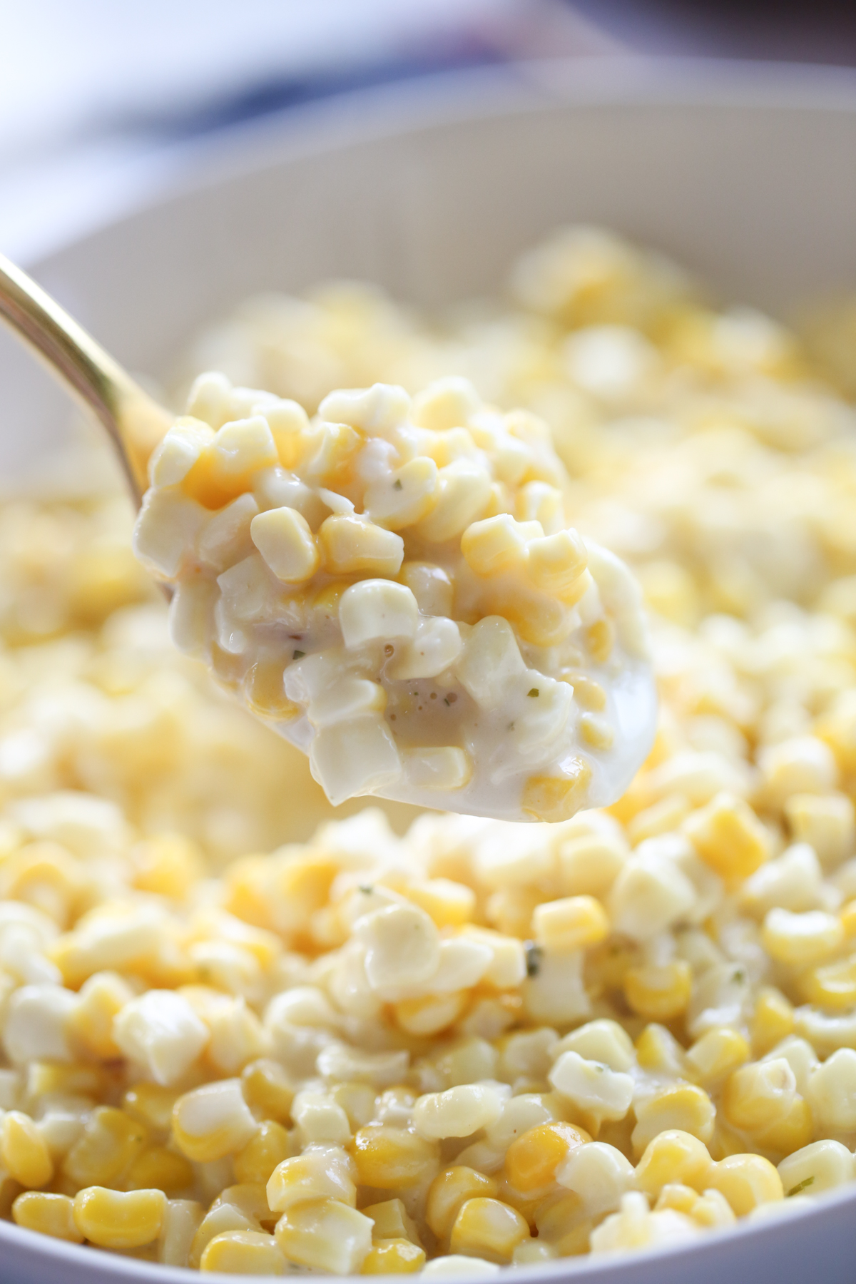 close up spoon of creamed corn