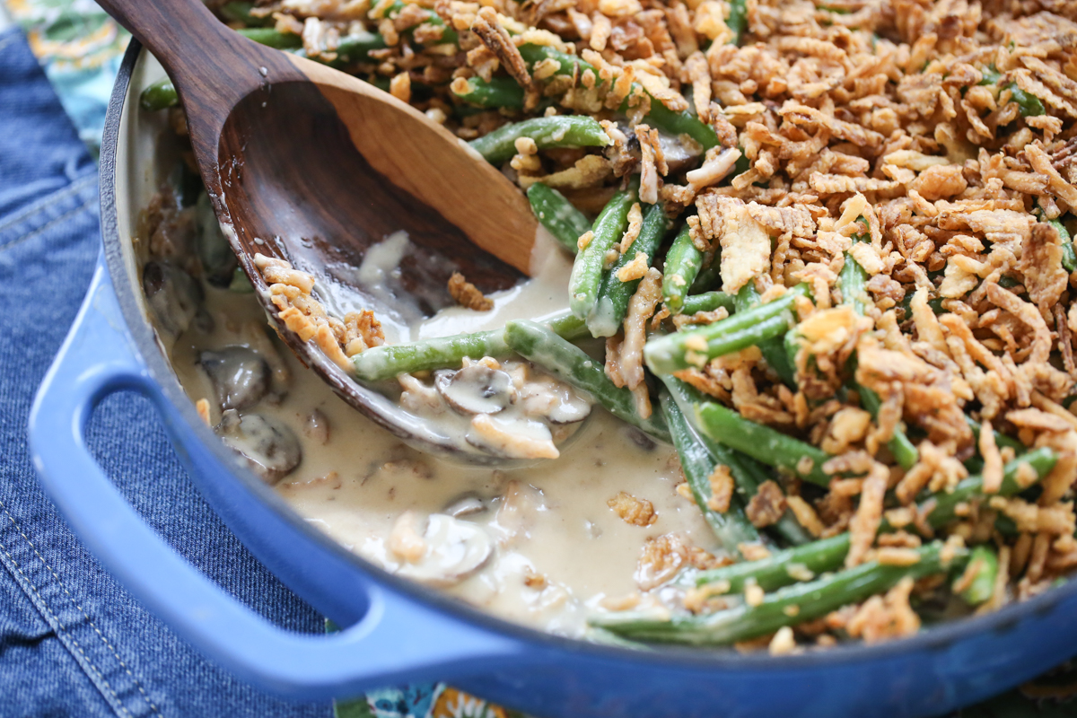 our best bites green bean casserole in a serving dish