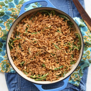 our best bites green bean casserole in a serving dish