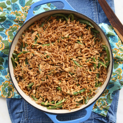 our best bites green bean casserole in a serving dish