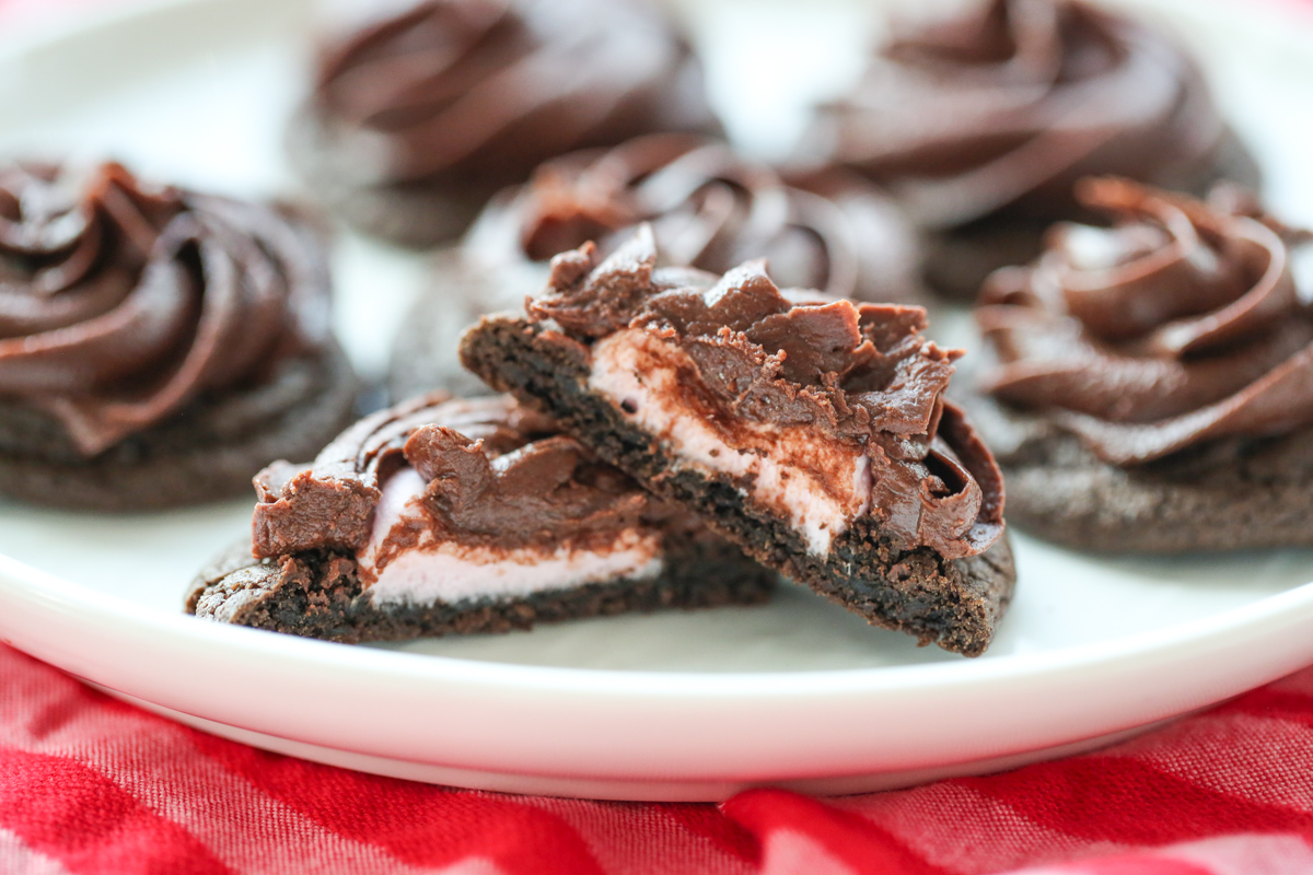chocolate marshmallow cookies on a white plate