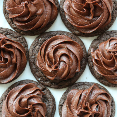 Chocolate cookie topped with frosting
