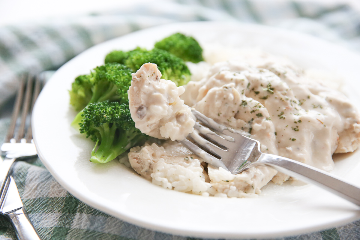 close up bite of creamy sauce over chicken and rice on a plate with broccoli