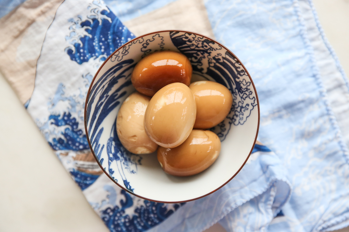 soy marinaded eggs in a Japanese style bowl