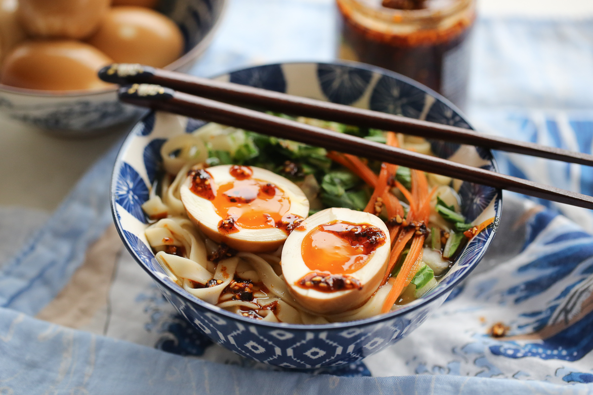 Soy Marinated Eggs in a bowl of ramen