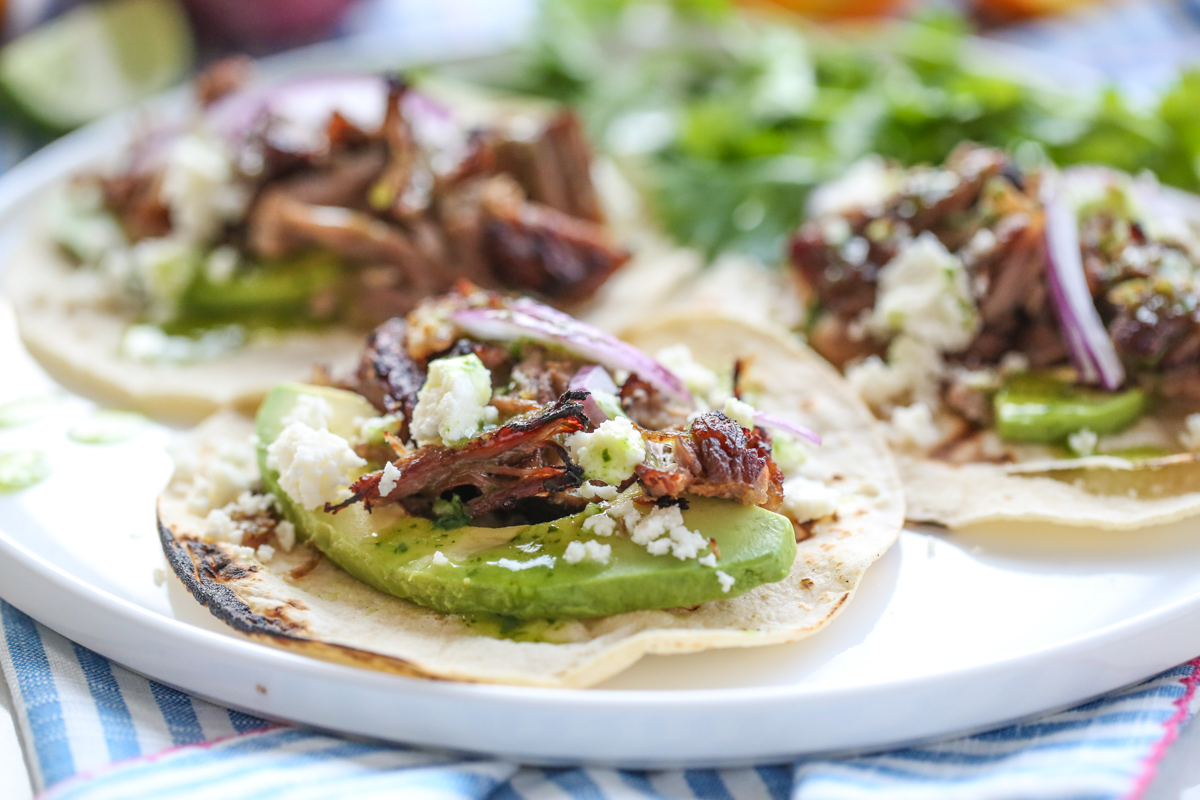 a white plate full of carnitas with cheese, onions, and cilantro