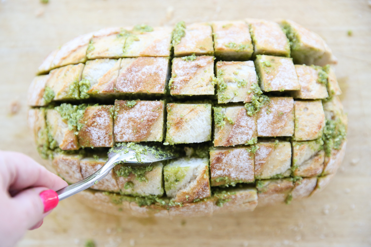 stuffing bread with pesto