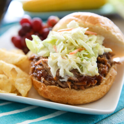 Pulled Pork Sandwich on a bun with coleslaw