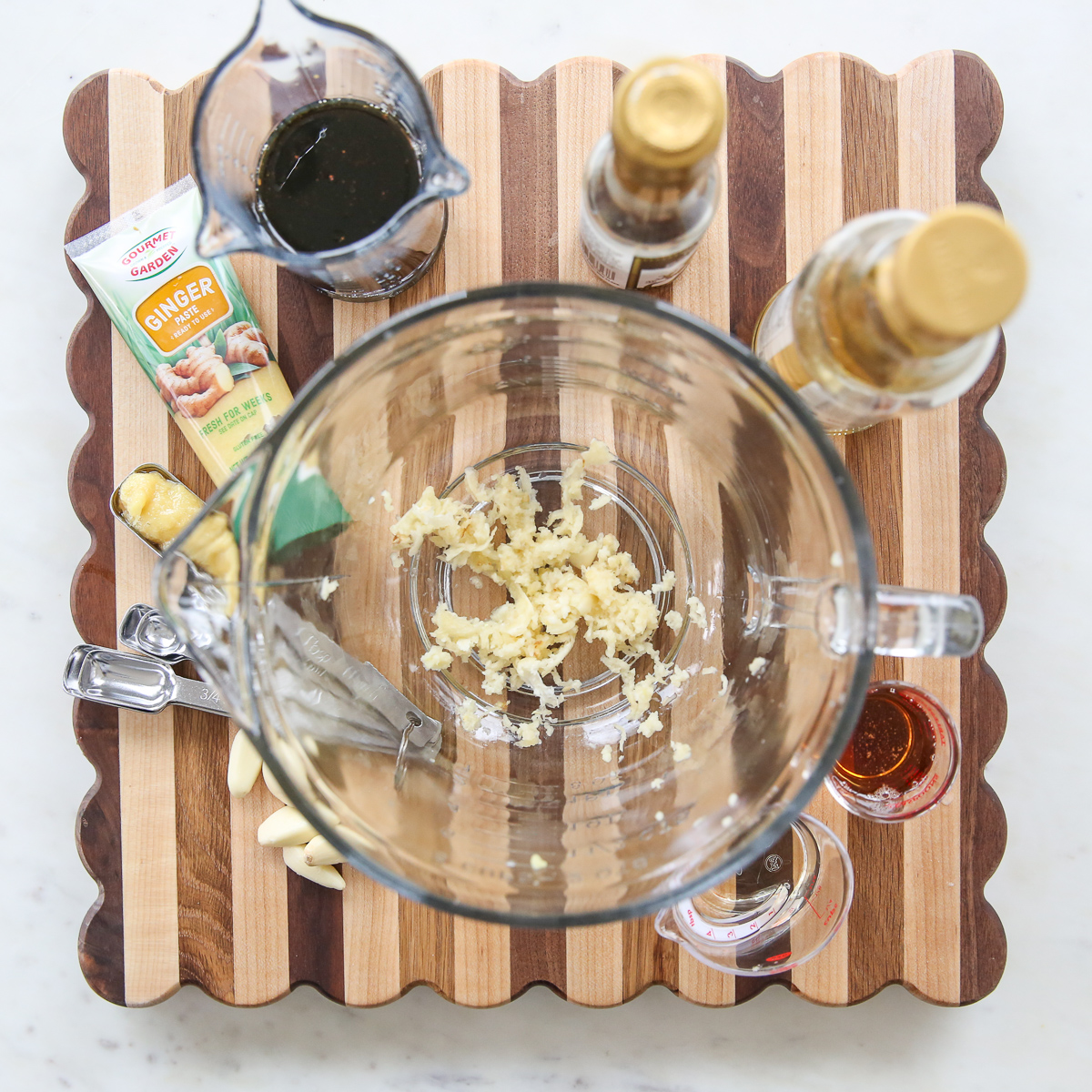 ginger soy marinade ingredients on a cutting board