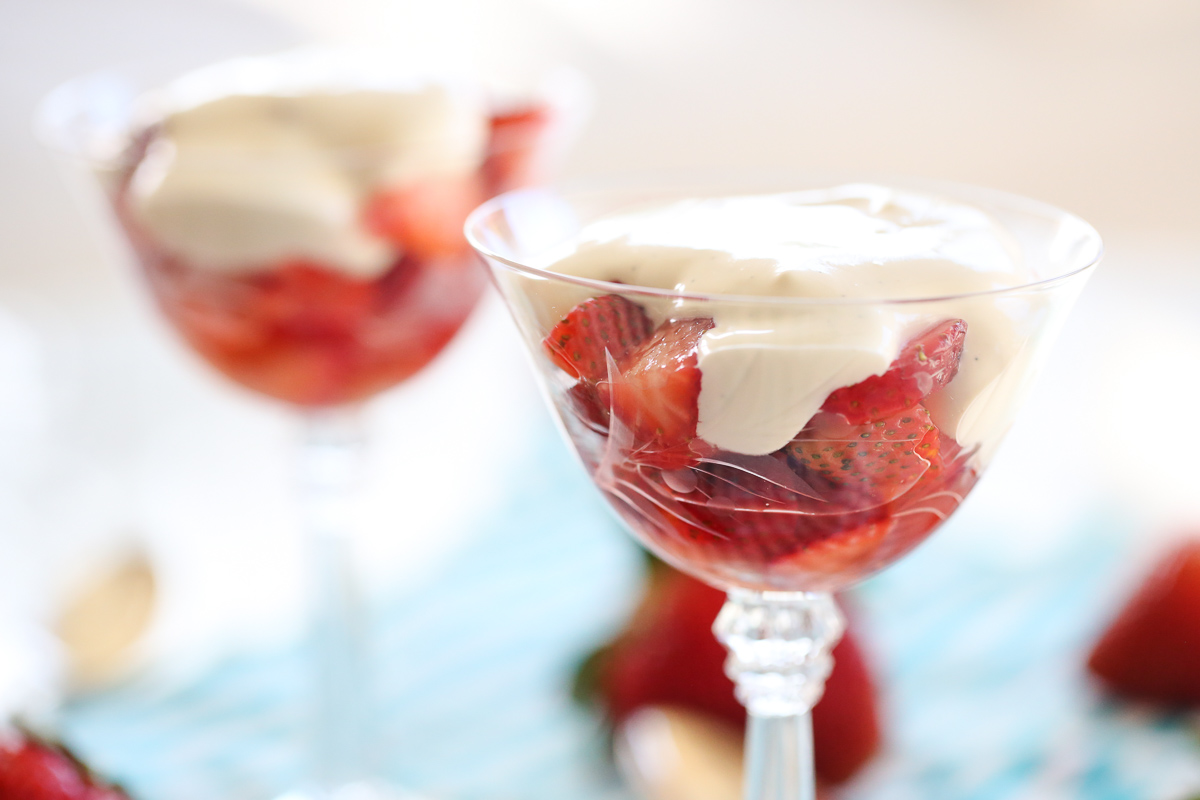 Strawberries Romanoff in crystal glasses