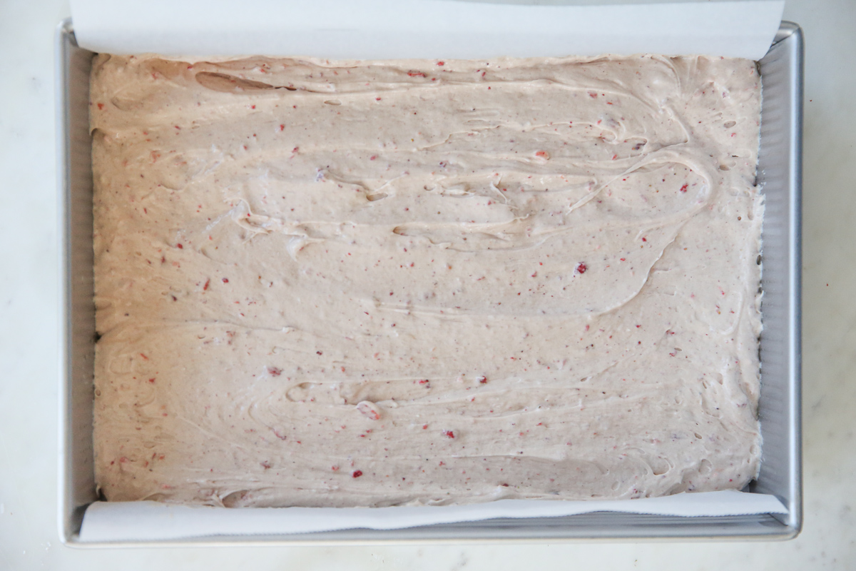 cake batter in a cake pan ready to be baked