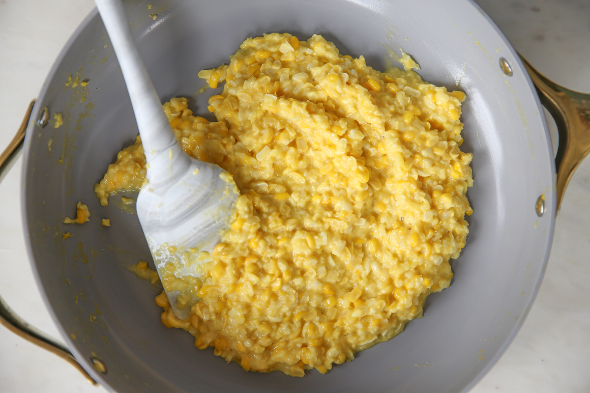 smooth creamed corn in a skillet