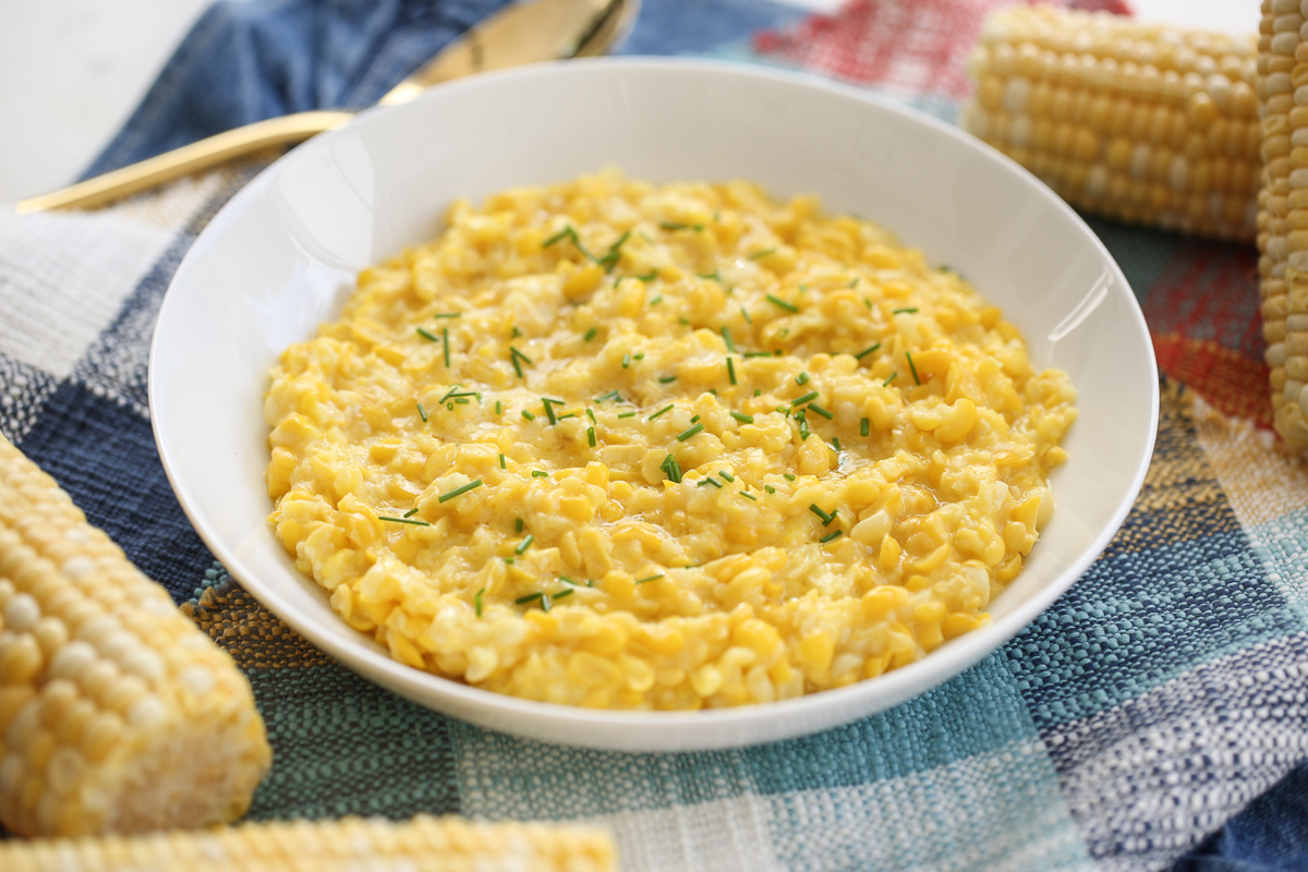 Southern Style Creamed Corn in a white bowl
